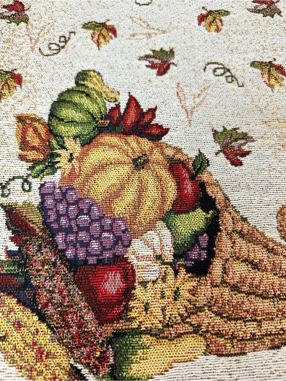 Vintage Cornucopia Table Runner with Red, Green, Gold Fruit & Leaf Motif